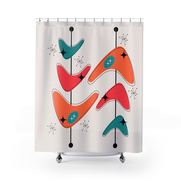 Mid Century Modern Shower Curtain, Atomic Boomerang, Starburst Space Age Decor