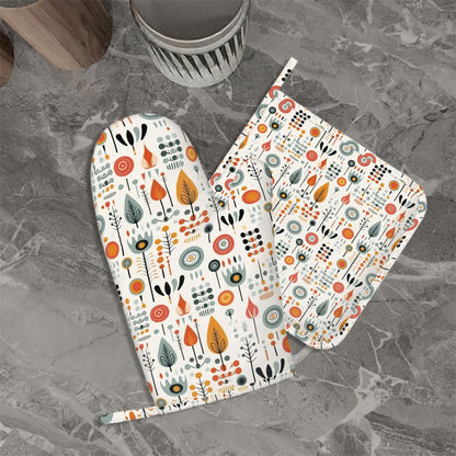 Scandinavian Floral Designed Mid Mod Oven Mitts and Pot Holders Sets (Left Hand) - Mid Century Modern Gal