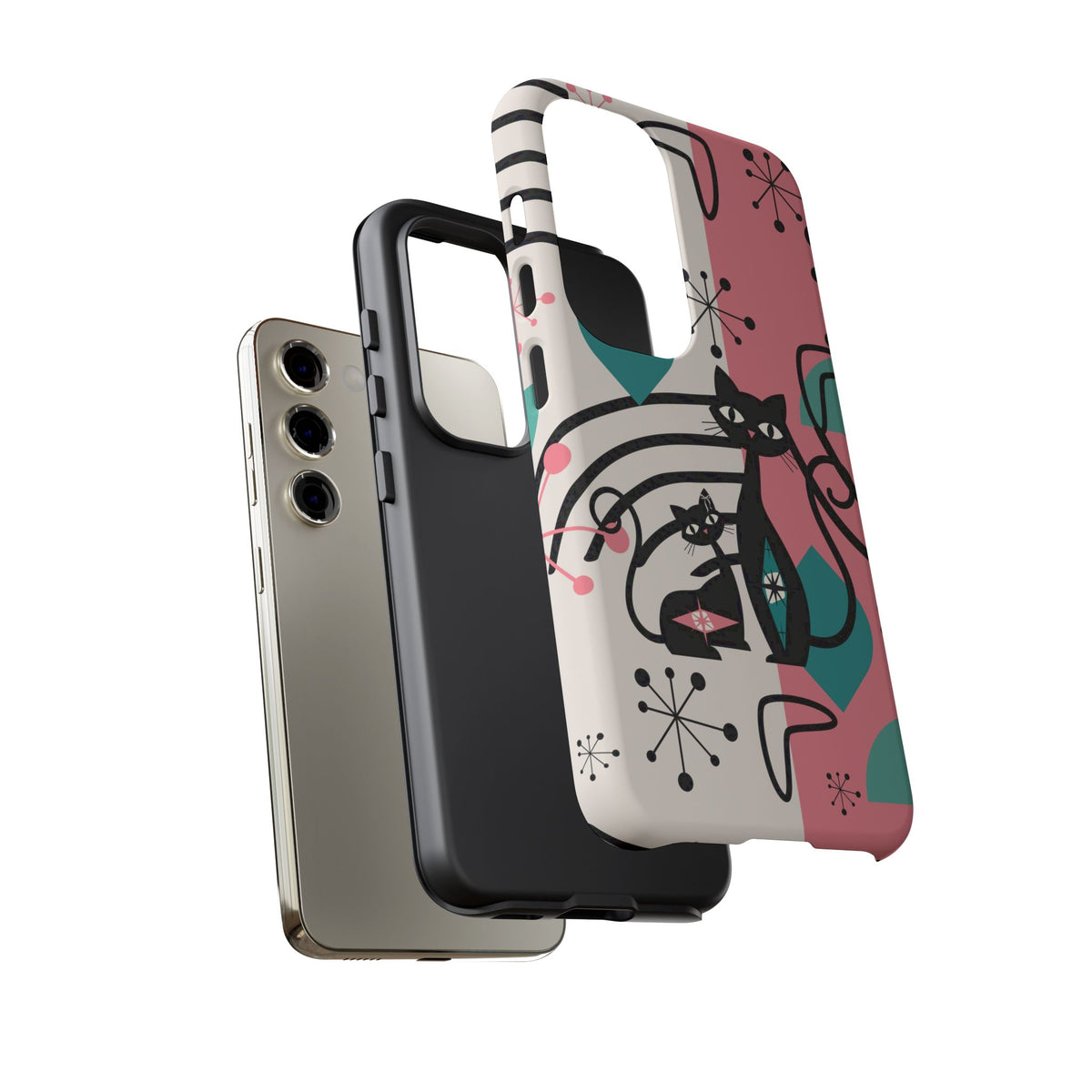 Mid Mod Atomic Cat Boomerang Starburst, Pink, Black Kitschy Stylish Cat Phone Case: Modern Design for Cat Lovers