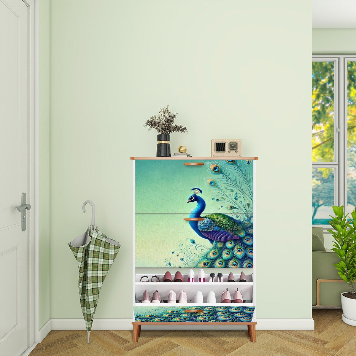 Peacock Watercolor Chinoserie Designed Blue Green, Modern Shoe Cabinet - Mid Century Modern Gal