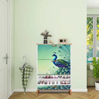 Peacock Watercolor Chinoserie Designed Blue Green, Modern Shoe Cabinet - Mid Century Modern Gal