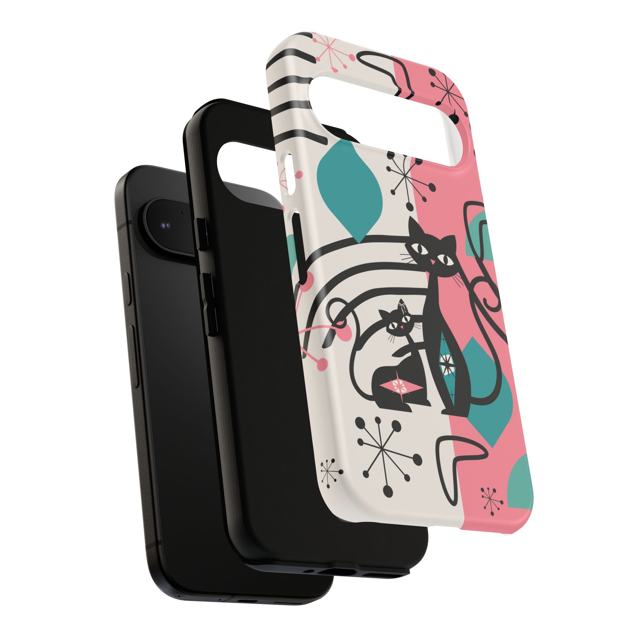 Mid Mod Atomic Cat Boomerang Starburst, Pink, Black Kitschy Stylish Cat Phone Case: Modern Design for Cat Lovers