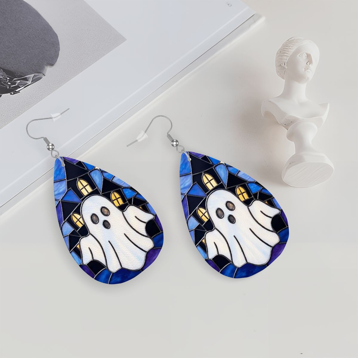 Halloween Stained Glass Style Ghost Haunted House Vegan Leather Teardrop Earrings