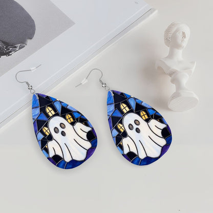 Halloween Stained Glass Style Ghost Haunted House Vegan Leather Teardrop Earrings