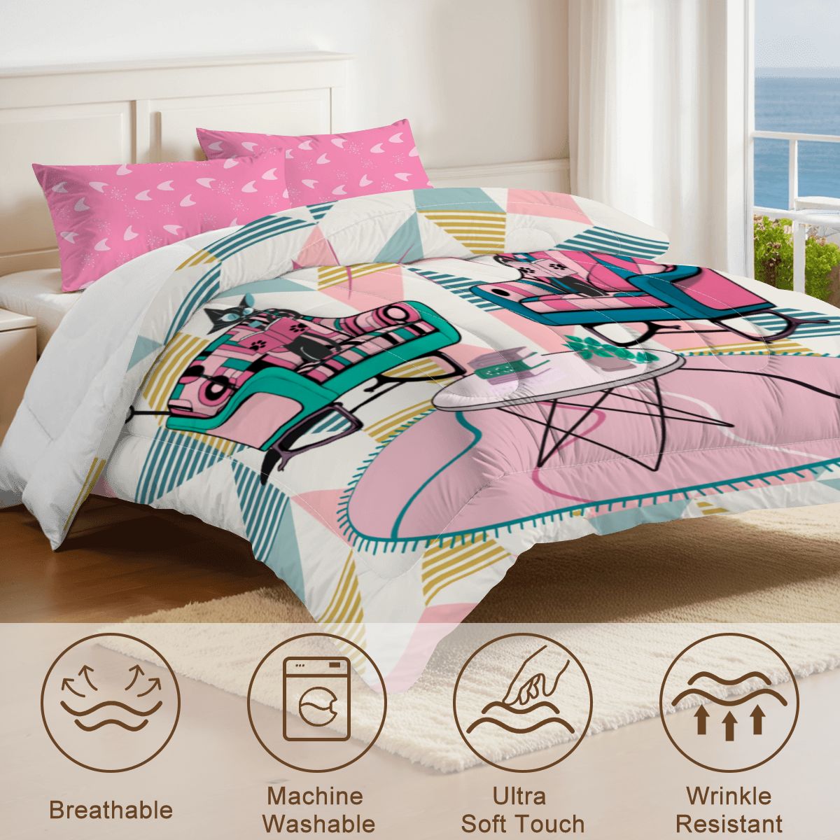 Kitschy Reading Cats Atomic Mid Century Modern King Comforter Set - Mid Century Modern Gal