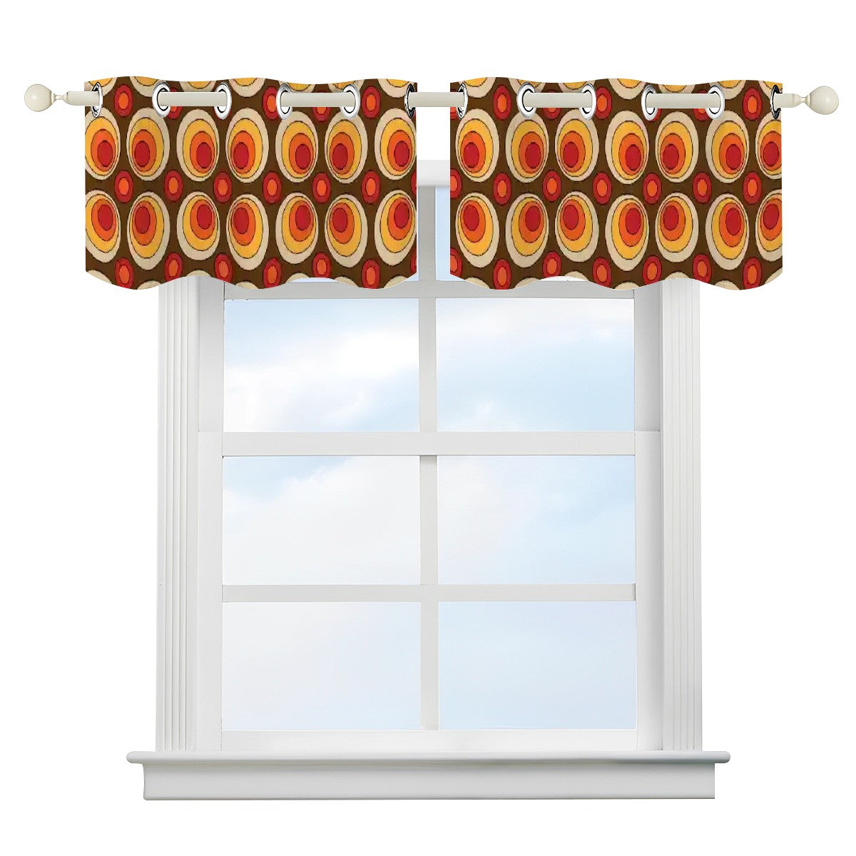 Retro Mod 70s Groovy Space Orbs Orange, Brown Curtain Valances - Mid Century Modern Gal
