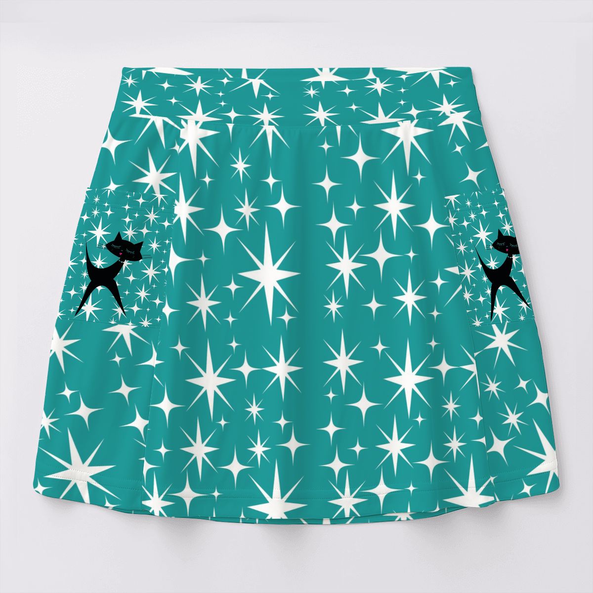 Retro Kitsch Atomic Cat, Aqua Blue Starburst Mod Women's Tennis Skort With Pockets - Mid Century Modern Gal