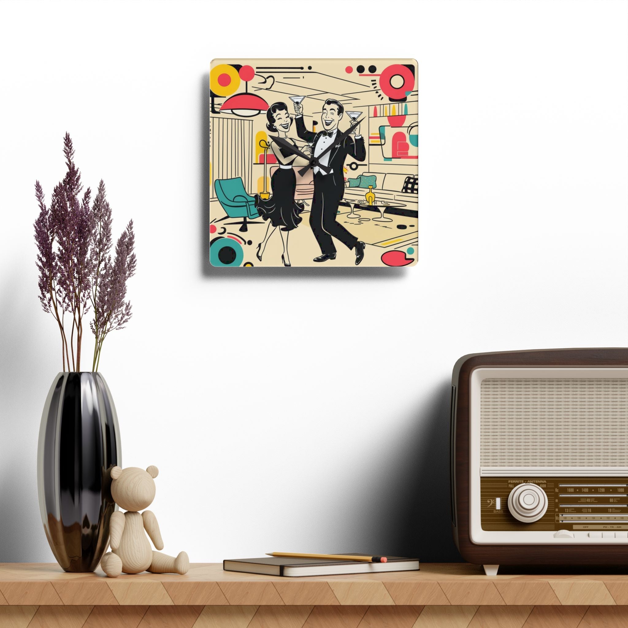 Mid Mod Couple Retro Cocktail Party Acrylic Wall Clock - Fun Vintage Design for Home Decor - Mid Century Modern Gal