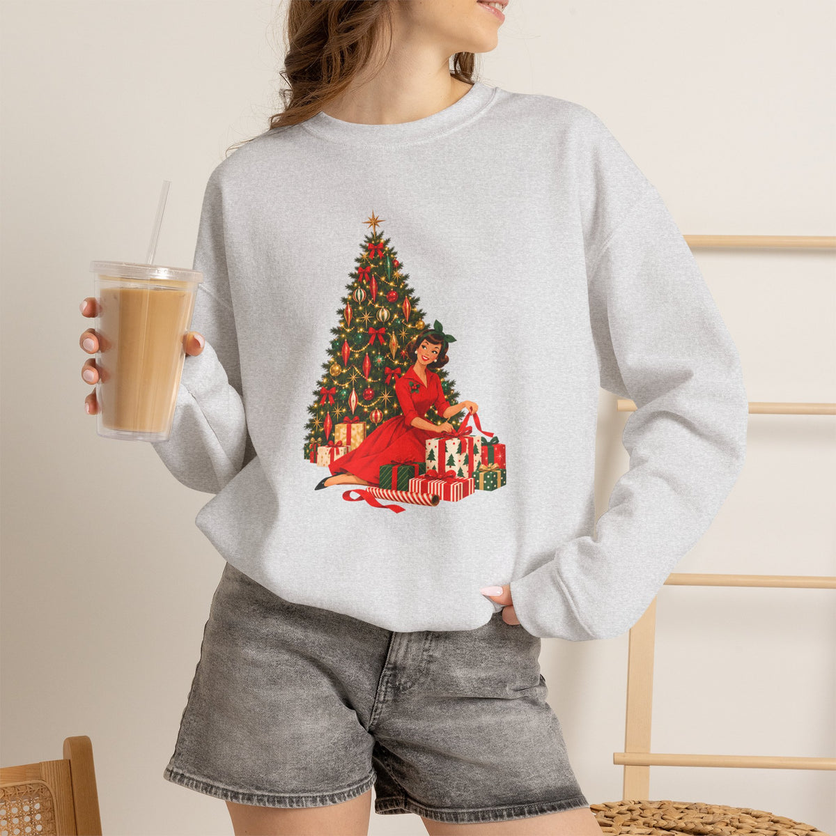 Mid Century Modern Christmas Glamour Gal Wrapping Presents by Tree Unisex Heavy Blend™ Crewneck Sweatshirt - Mid Century Modern Gal