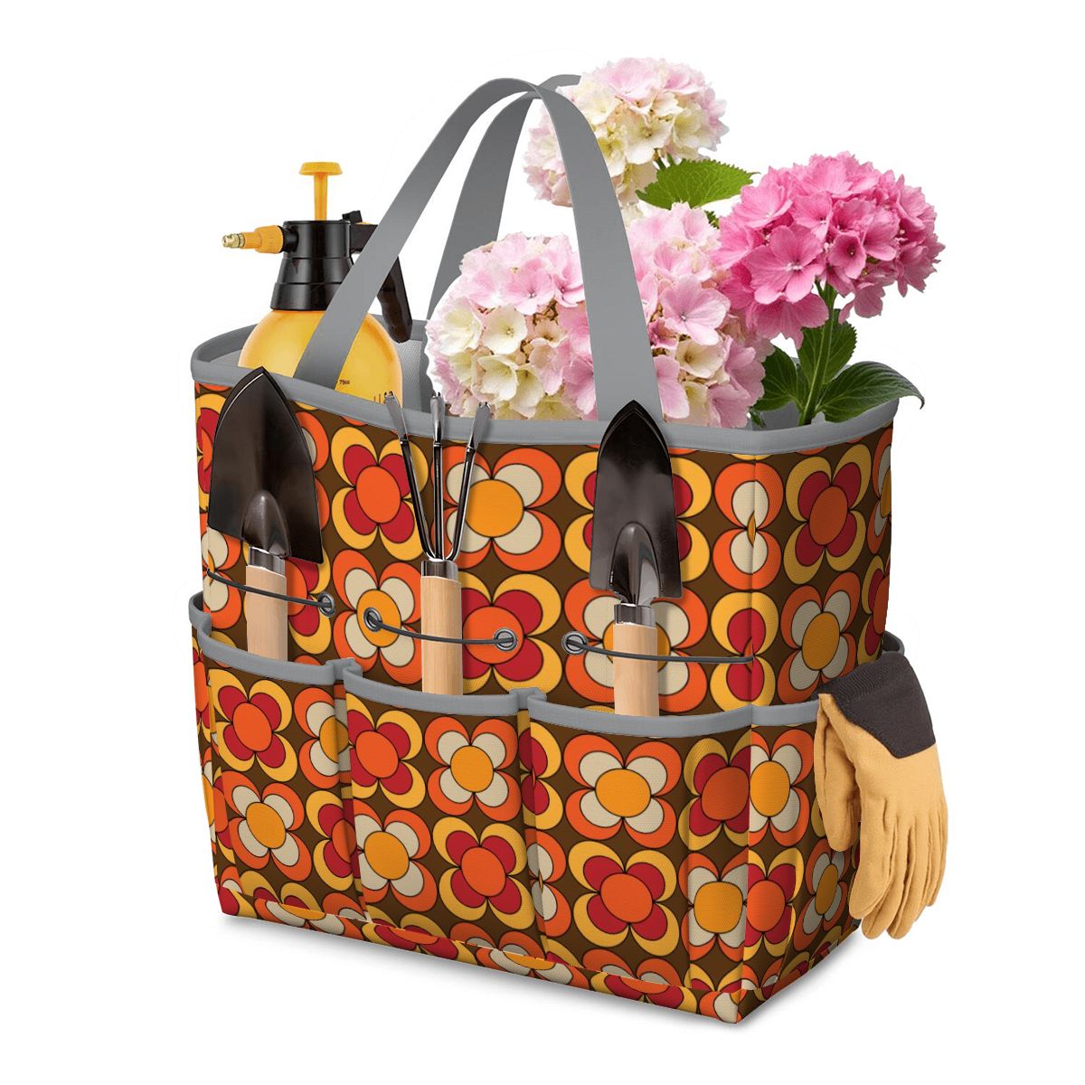 Groovy MCM Orange, Brown Yellow Burnt Red Retro Floral 70s Mid Mod Garden Tool Bag - Mid Century Modern Gal