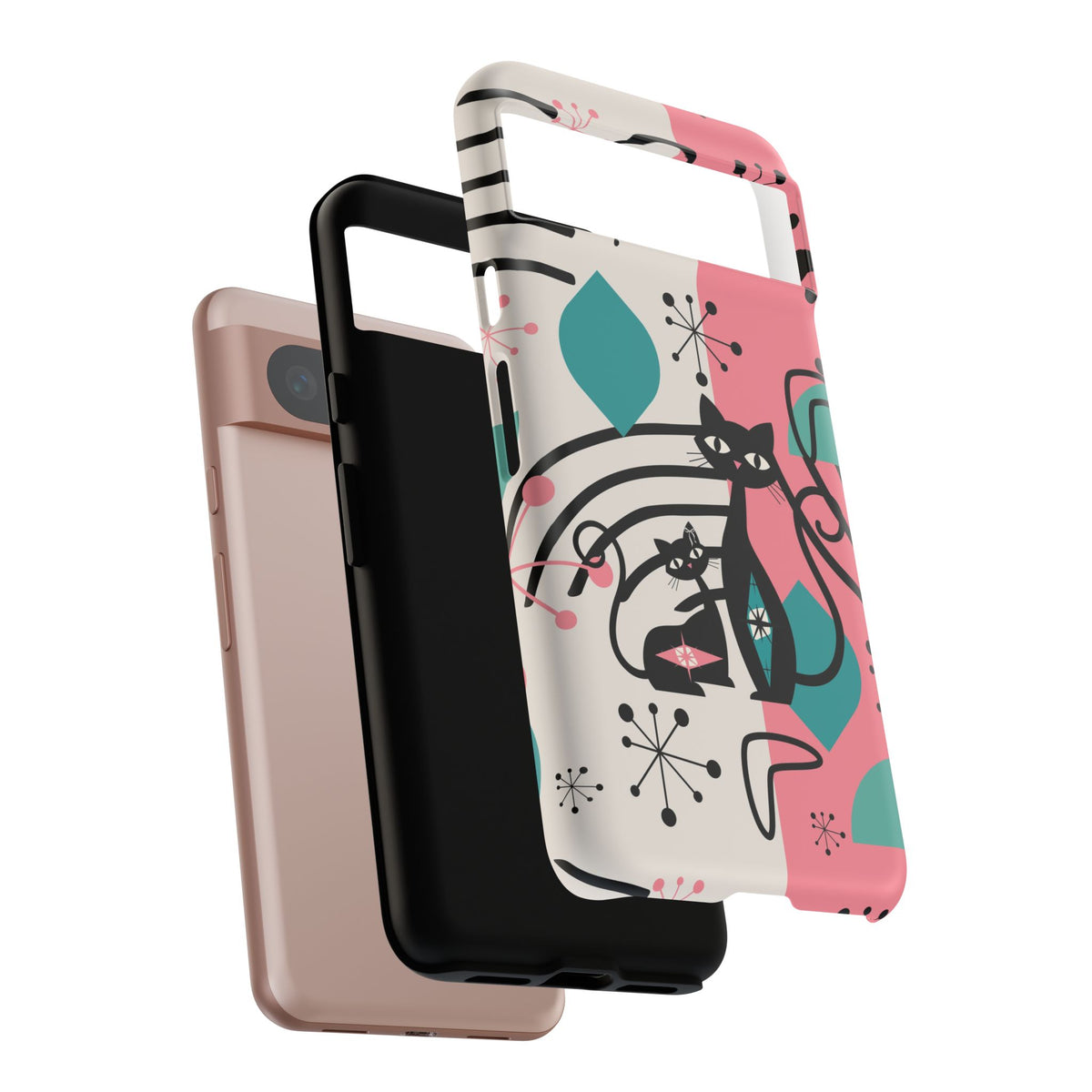 Mid Mod Atomic Cat Boomerang Starburst, Pink, Black Kitschy Stylish Cat Phone Case: Modern Design for Cat Lovers