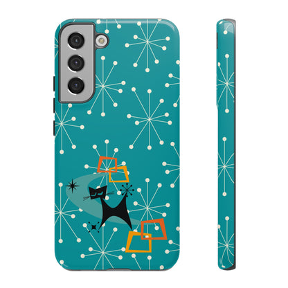 Atomic Space Cat, Starburst Blue, Retro Groovy Smart Phone Tough Phone Cases