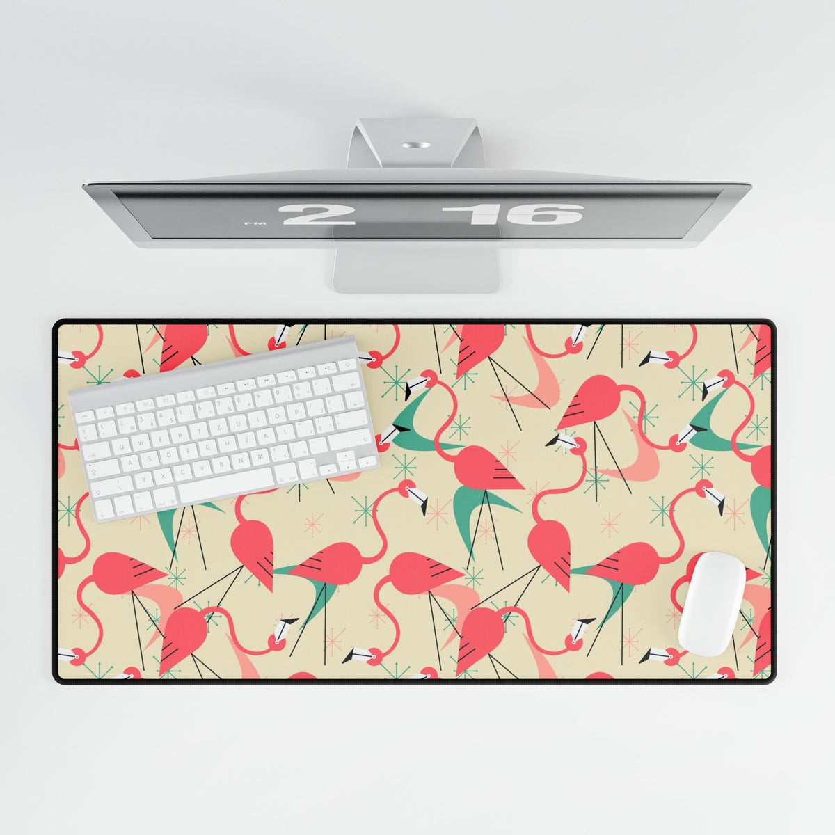 Retro Flamingo Dance Party, Kitschy Quirky Palm Spring California Tropical Flamingo Desk Mat - Colorful Office Decor for Stylish Workspaces - Mid Century Modern Gal