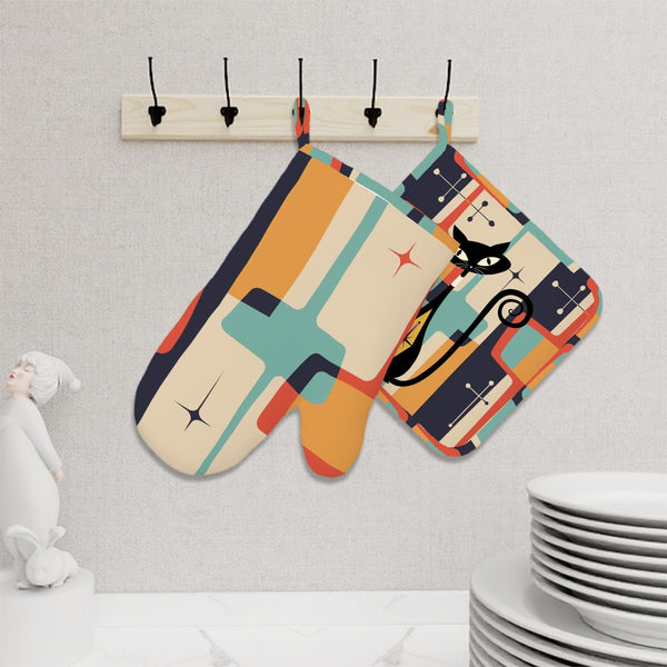 Atomic Cat Mid Century Modern Geometric Designed Oven Mitts and Pot Holders Sets (Right Hand)