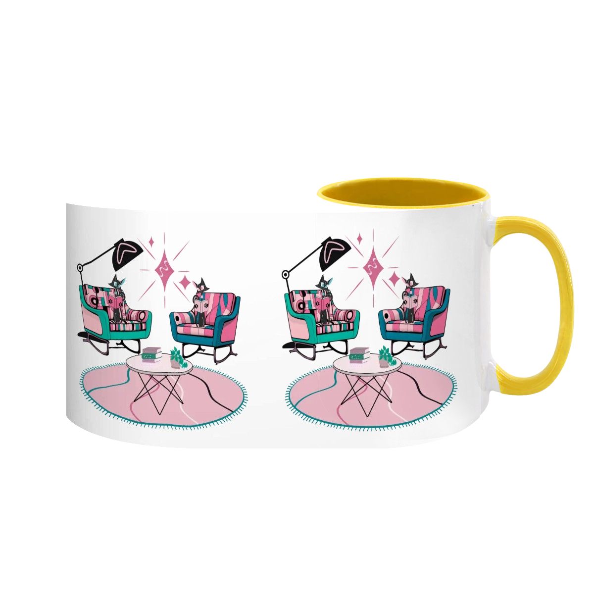 Large colorful mug featuring atomic reading cats and mid-century modern furniture design, perfect for retro decor lovers.