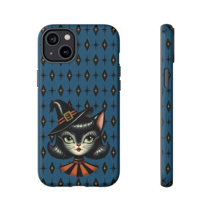 Vintage Halloween Black Cat Sexy Sexton Mid Century Modern Blue Tough Phone Case