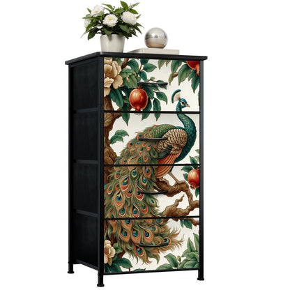 Chinoiserie Floral Peacock, Pomegranate Elegant 4-Drawer Dresser - Mid Century Modern Gal