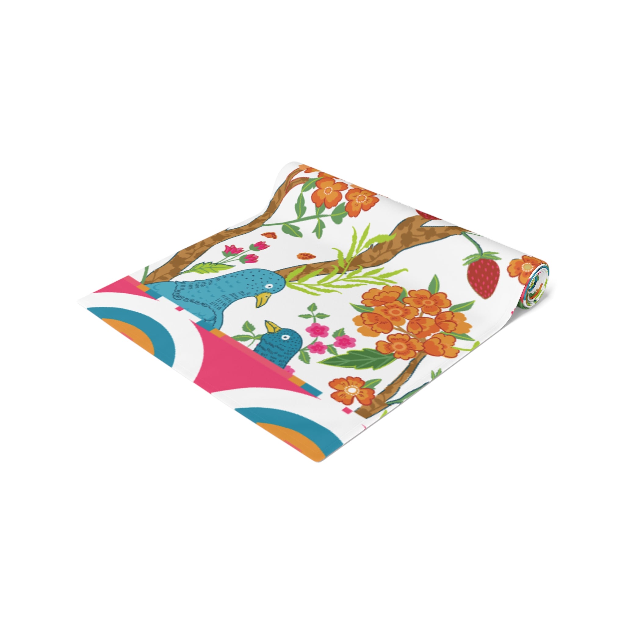 Exotic Birds In Paradise, Pink Golden, Blue Chinoiserie Table Runner