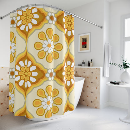 70s Flower Power Groovy Retro Bold Floral, Golden Yellow, Brown  MCM Shower Curtain