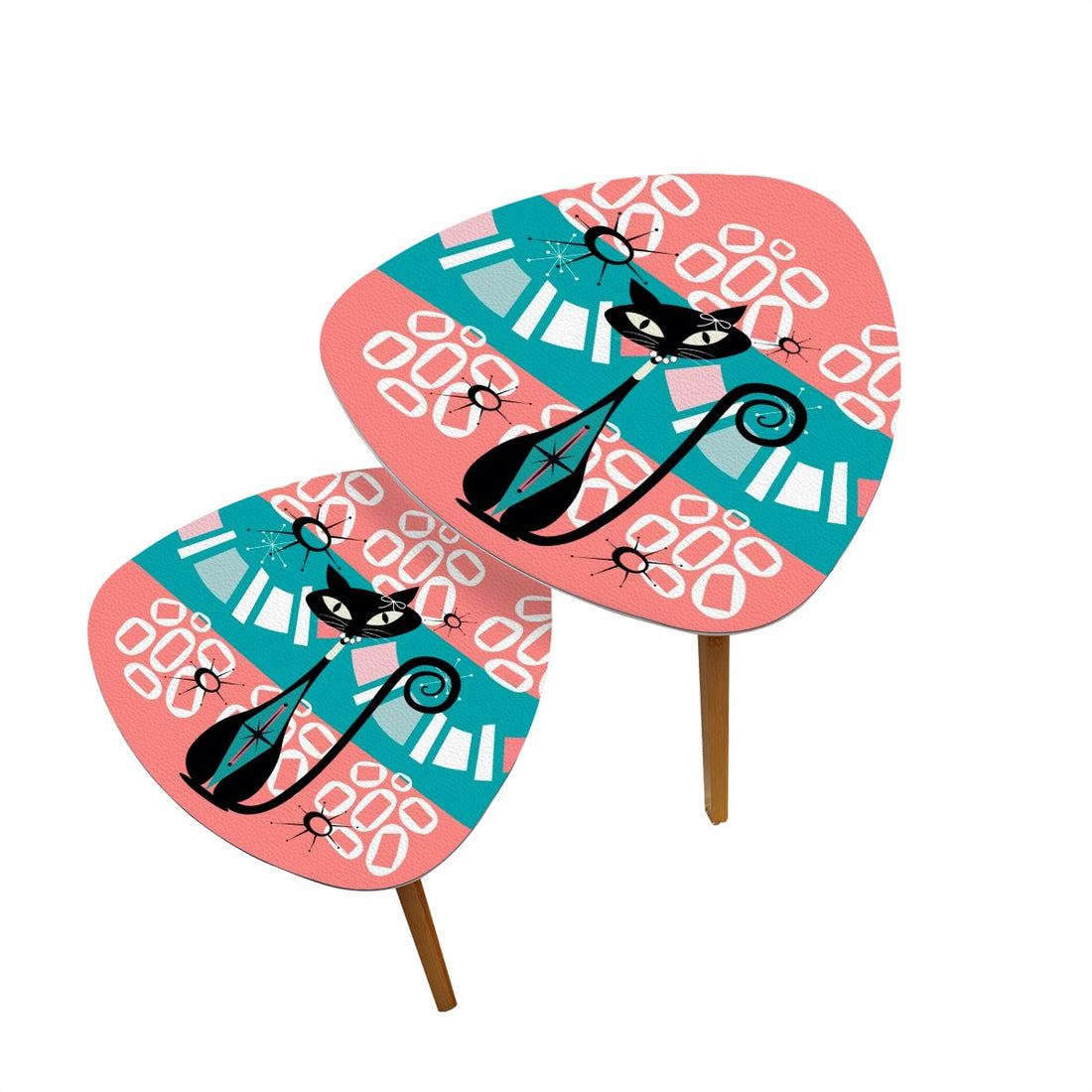 Atomic Cat Mid Century Modern Nesting Tables In Coral, Teal Kitschy Mod Triangle Coffee Table Set of 2