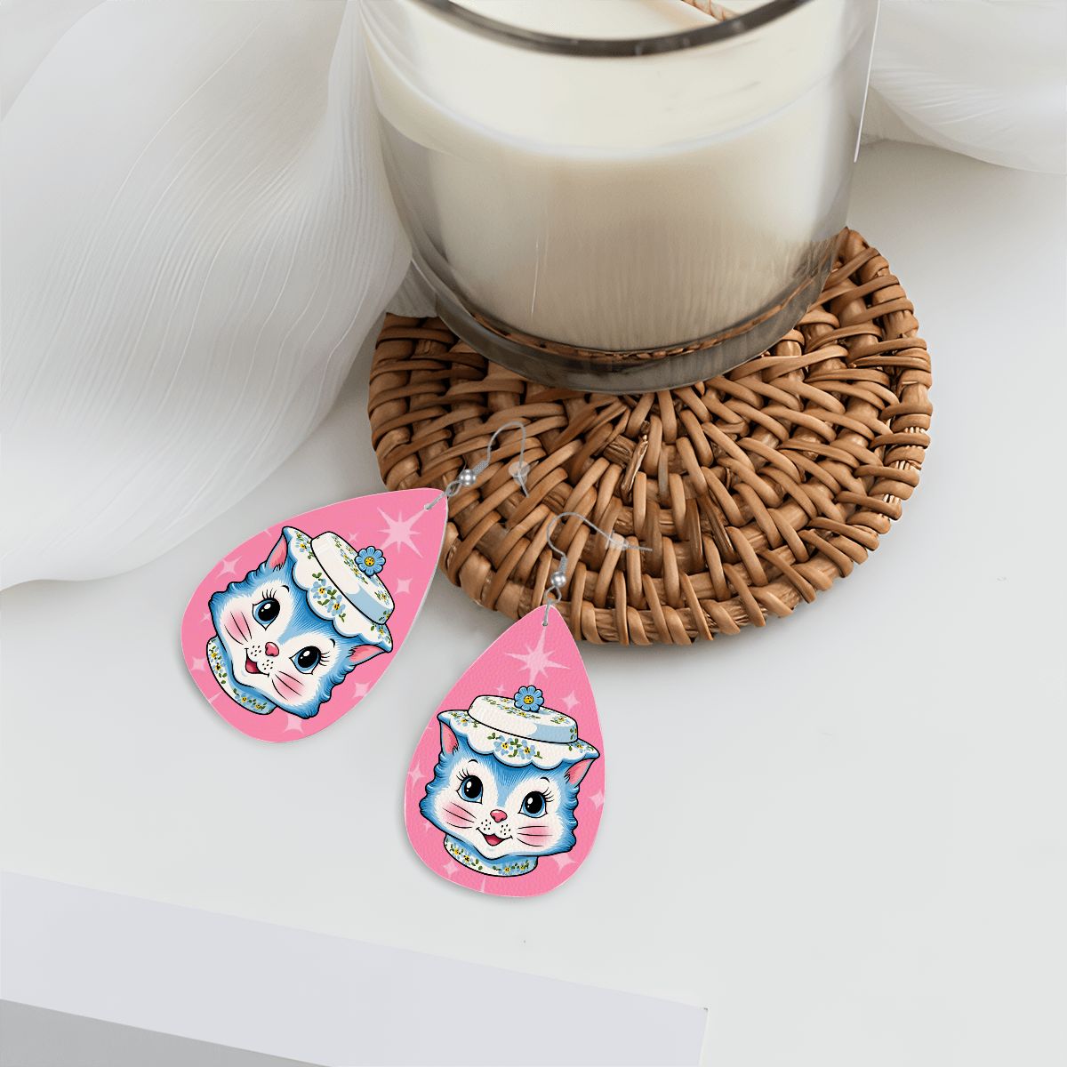 Mid Century Modern Kitschy Anthropomorphic Blue Cat with Floral Hat Vegan Leather Teardrop Earrings