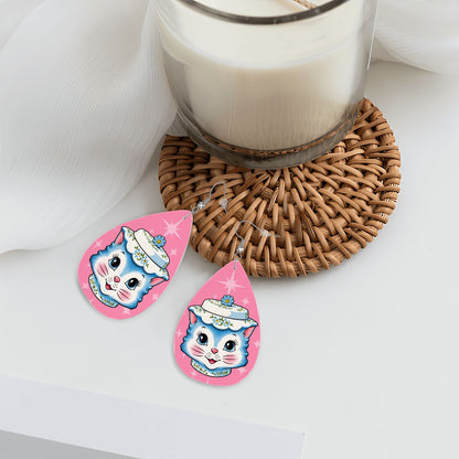 Mid Century Modern Kitschy Anthropomorphic Blue Cat with Floral Hat Vegan Leather Teardrop Earrings