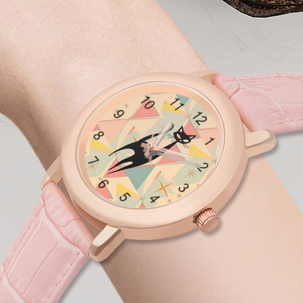 Atomic Cat Sexy Sexton Mid Mod Retro Pink Women's Leather Watch