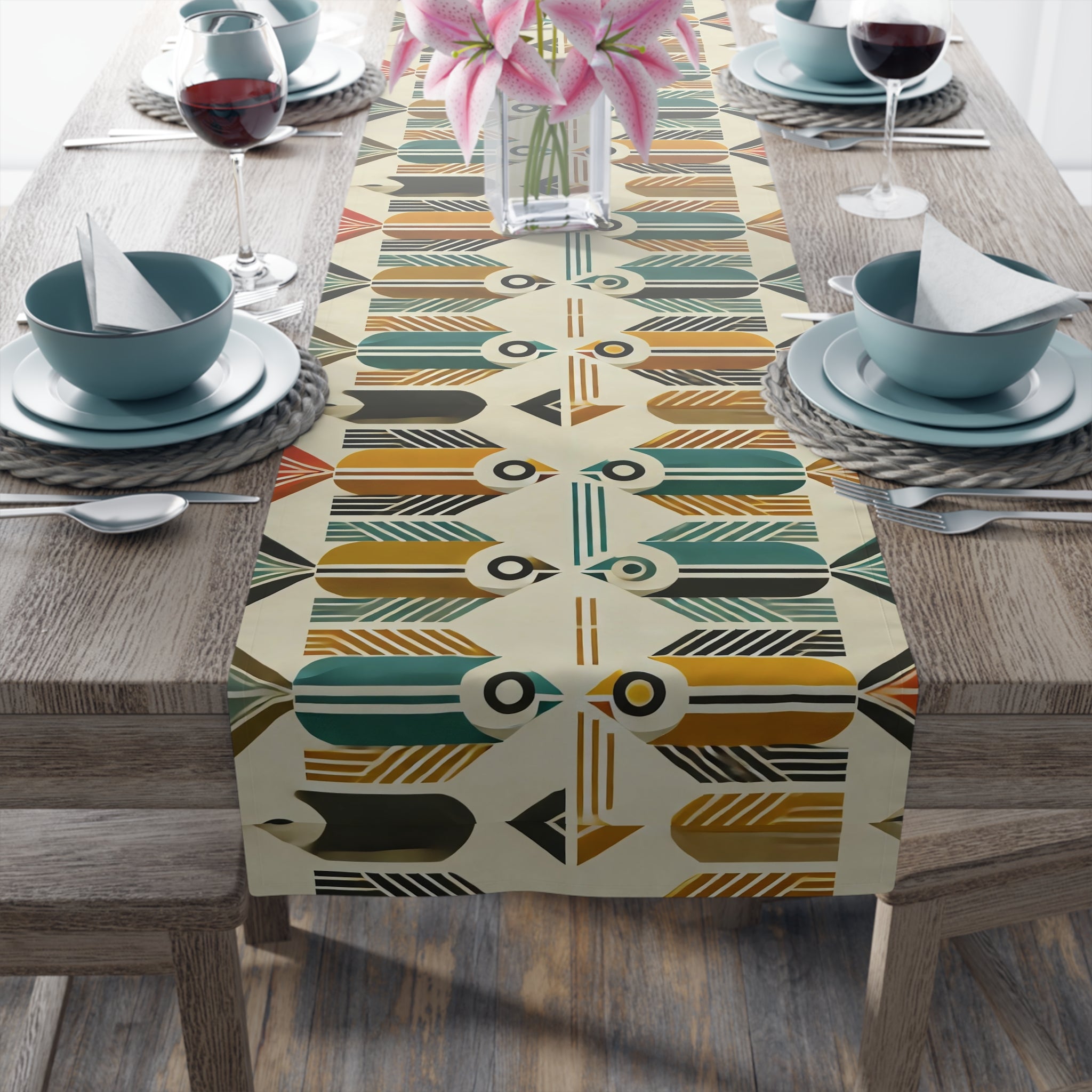 Mid Century Modern Fish Decor, Abstract Bauhaus-Inspired Table Runner - Mid Century Modern Gal