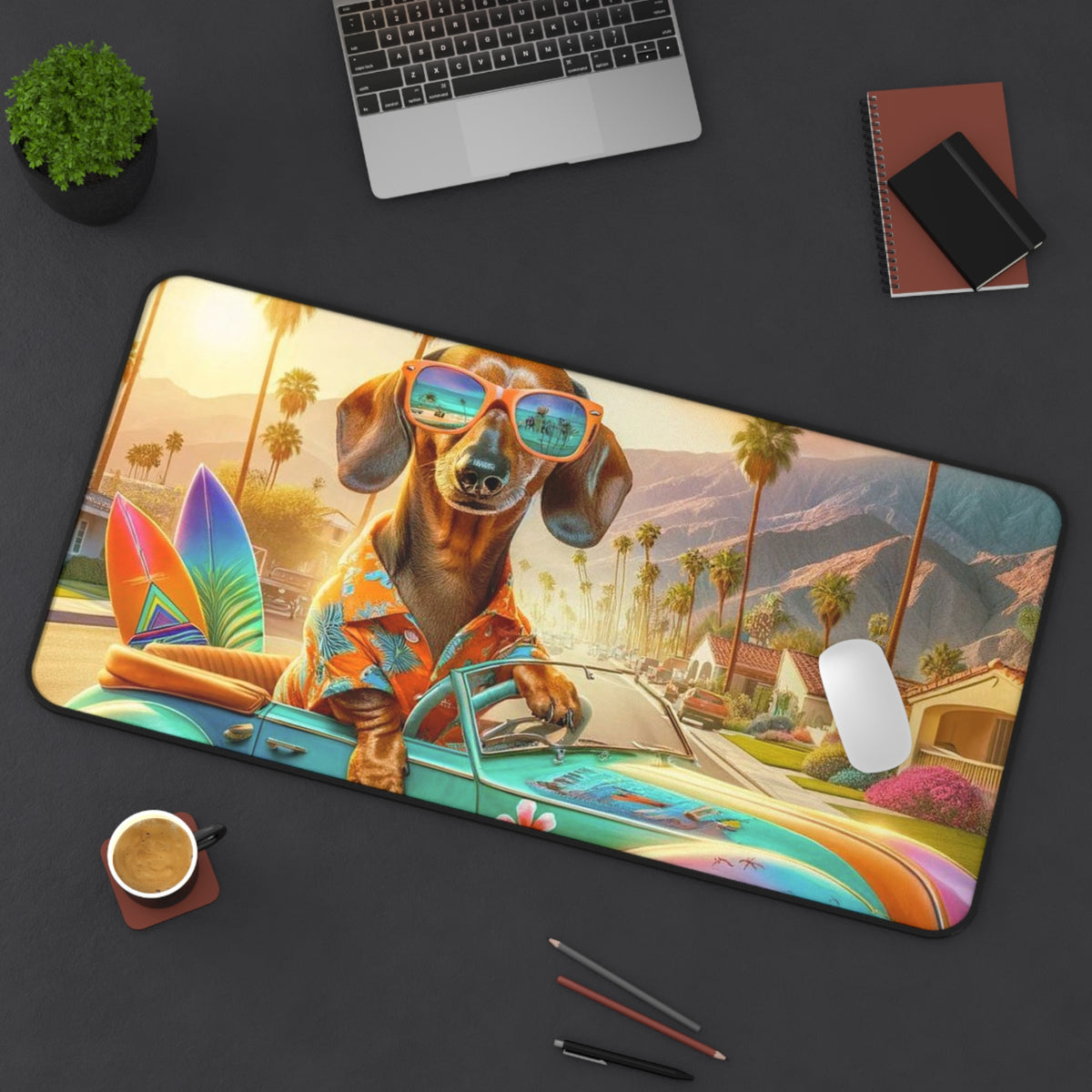 Doxie Dog Mod MCM Palm Spring California Dreaming Desk Mat - Mid Century Modern Gal