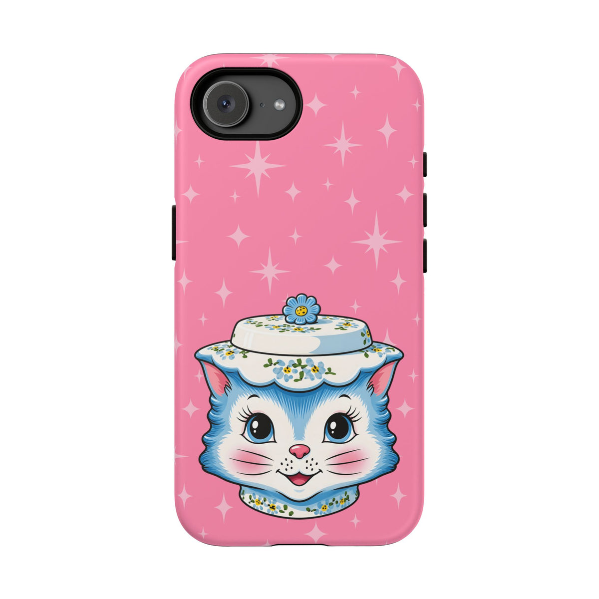 Mid Century Modern Kitschy Anthropomorphic Blue Cat with Floral Hat Tough Phone Case