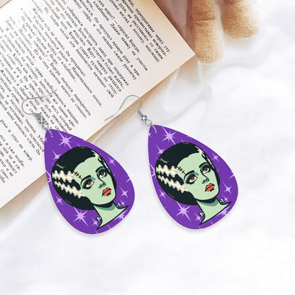 Bride of Frankenstein Retro Mid Mod Horror Buff Purple Halloween Vegan Leather Teardrop Earrings - Mid Century Modern Gal