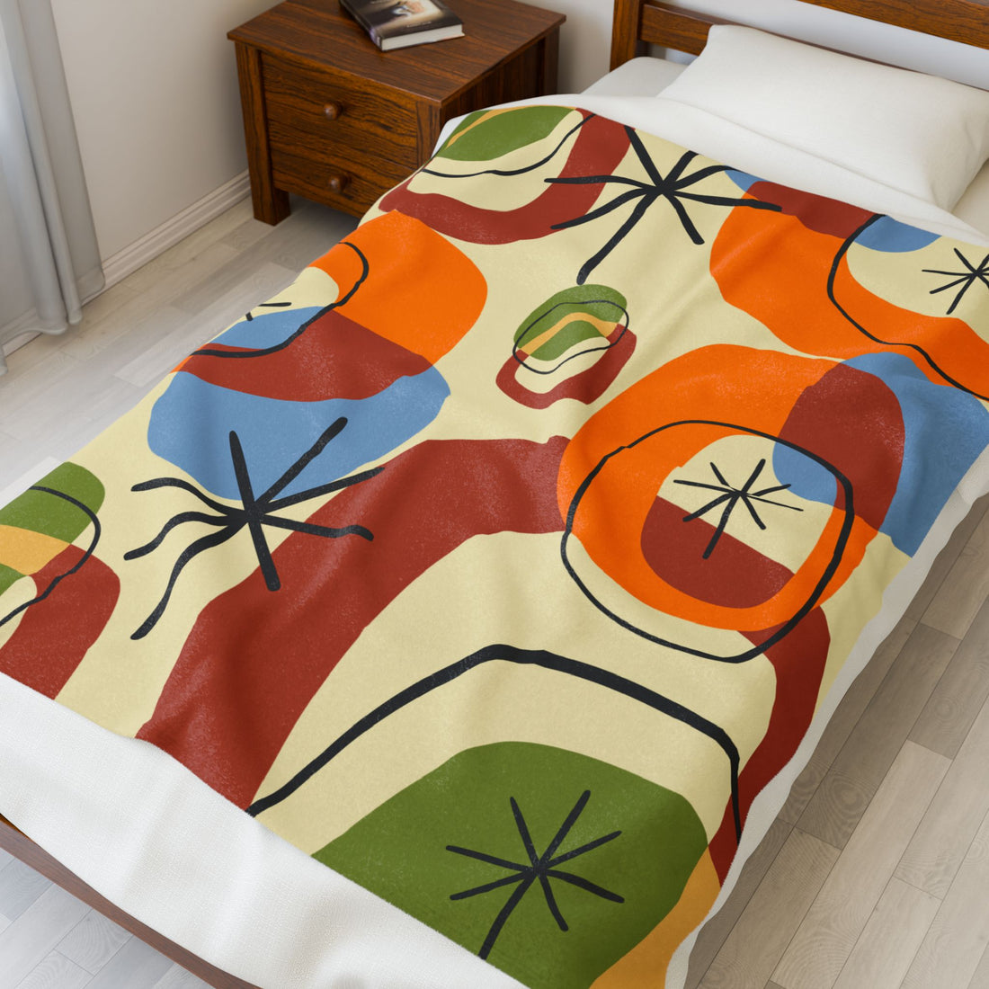 Retro Geo Pattern THIN Cozy, Warm Mid Century Modern Groovy Green, Orange, Blue, Black, Light Beige Background Velveteen Plush Blanket - Mid Century Modern Gal