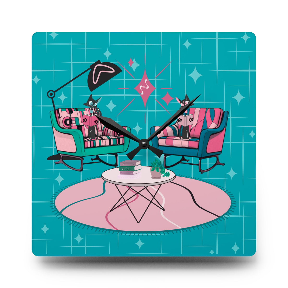 Atomic Reading Cats, Kitschy Mod Quirky Retro Modern Acrylic Wall Clock - Mid Century Modern Gal
