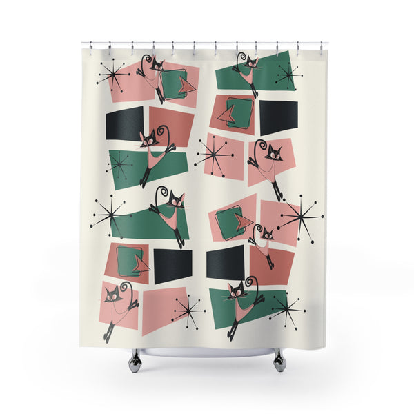 Atomic Cat Shower Curtain Starbursts, Geometric Mid Century Modern Bathroom Decor