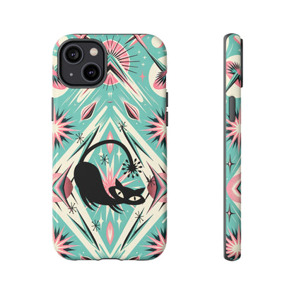 Atomic Cat, Mid Century Modern Aqua Blue, Pink, Starbursts Tough Phone Case