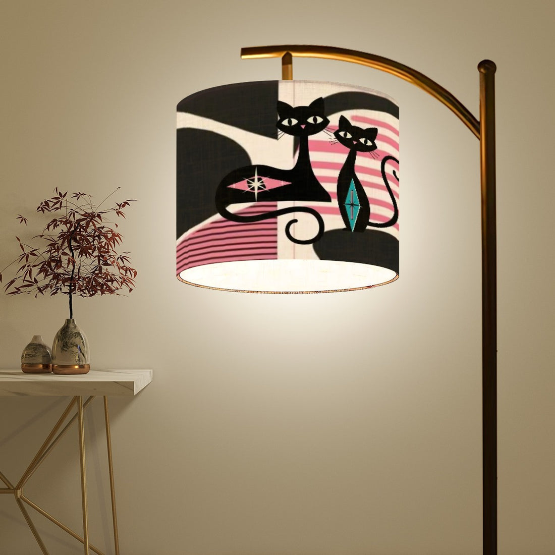 Atomic Cat Mid ModArc Floor Lamp, Pink, Black Cream Retro MCM Design - Mid Century Modern Gal