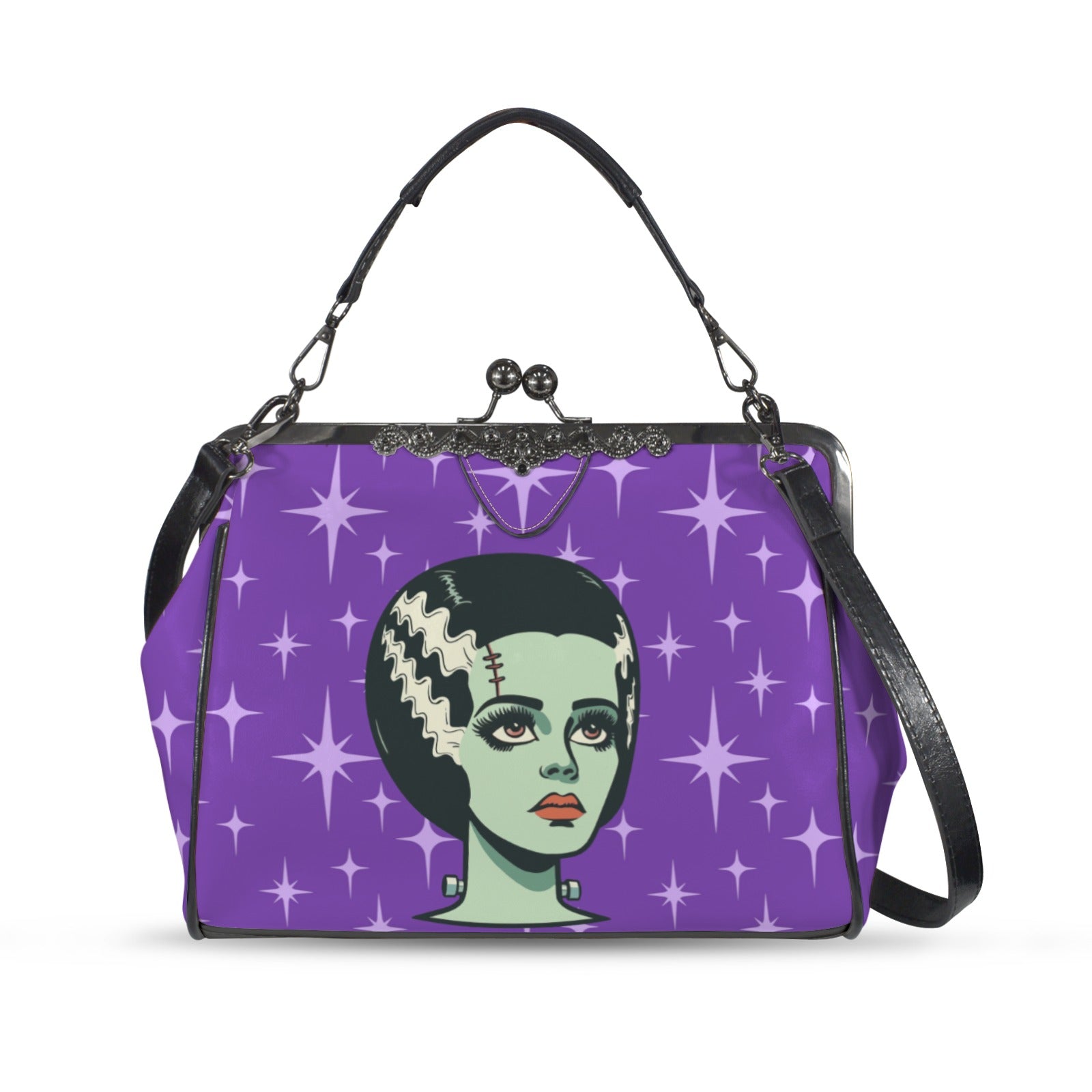 Bride of Frankenstein Retro Mid Mod Horror Buff Purple Halloween Kisslock Crossbody Purse - Mid Century Modern Gal
