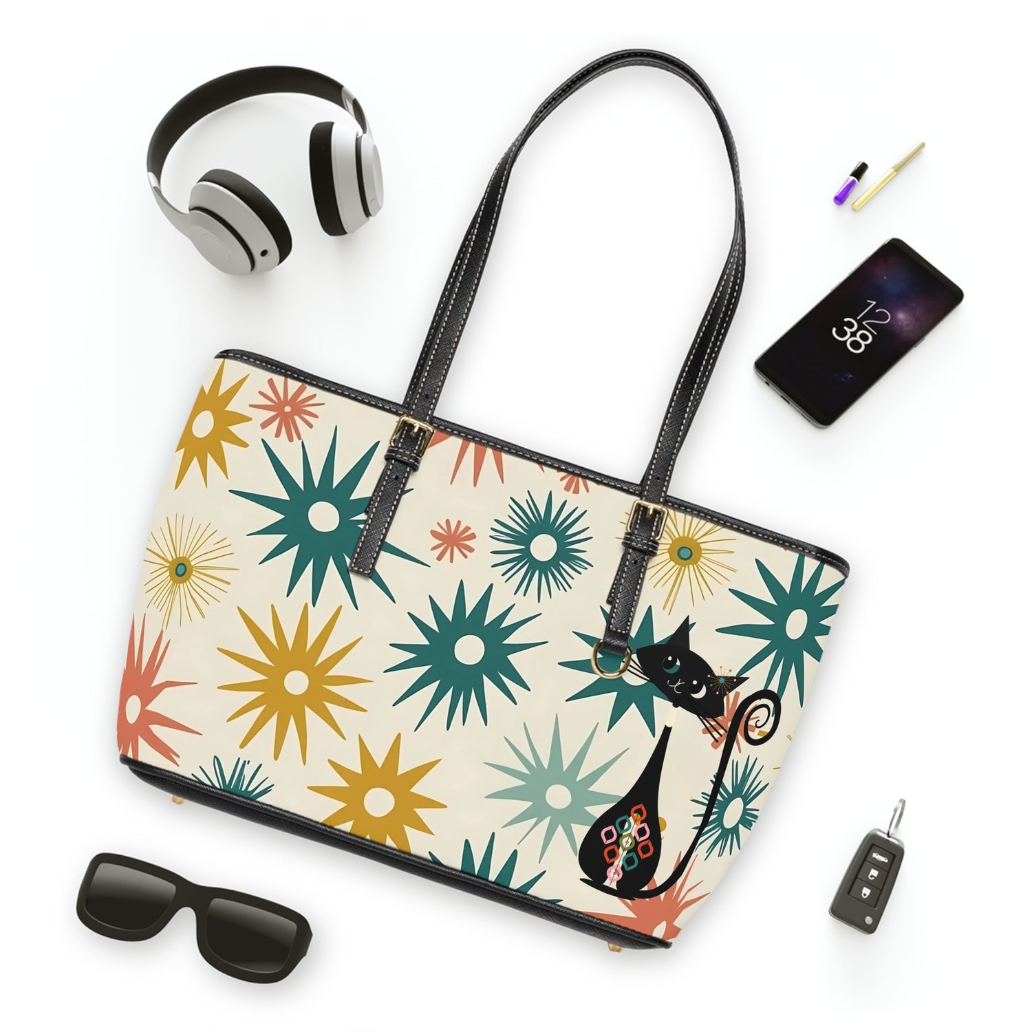 Atomic Cat, Mid Mod Starburst Stylish Shoulder Bag with Whimsical Cat &amp; Star Design - Mid Century Modern Gal