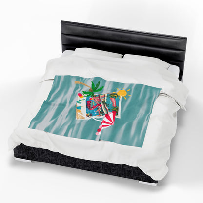 Palm Springs Hotel Retro Mod Flamingo And Atomic Cats, Tropical Getaway Velveteen Plush Blanket - Perfect for Beach Days and Cozy Nights - Mid Century Modern Gal