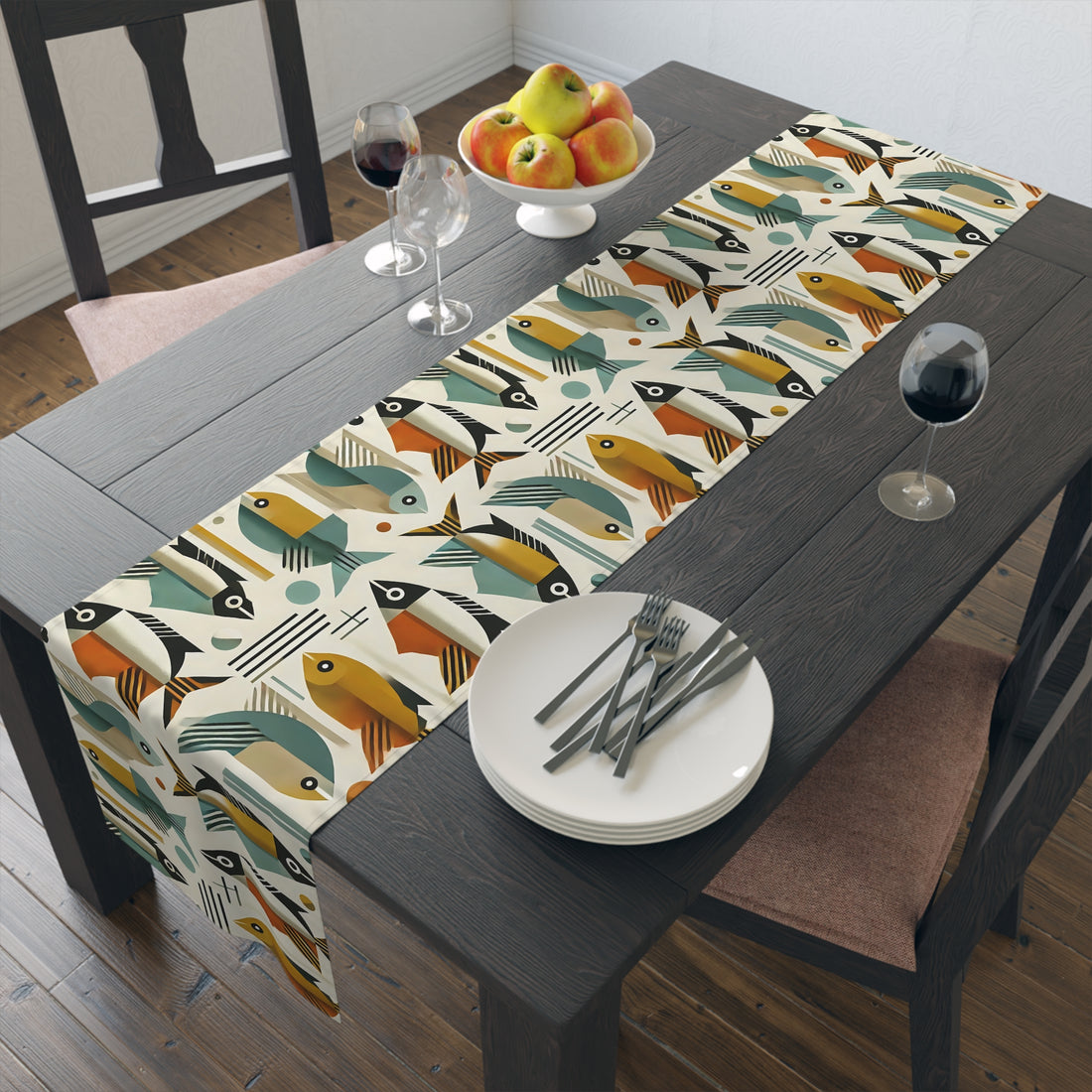 Atomic Fish, Bauhaus Mid Century Modern Fish Table Runner - Colorful Decor for Dining - Mid Century Modern Gal