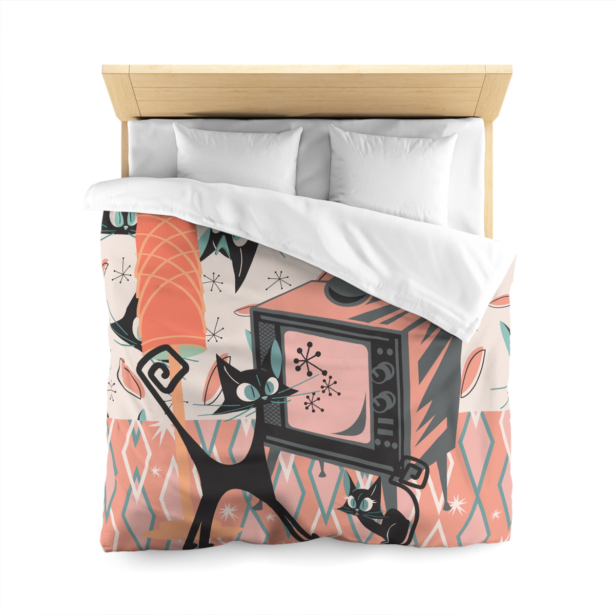 Mid Century Modern Bedding, Atomic Kitschy Cat, Retro TV, Whimsical Fun Quirky Bedroom Decor, In Coral Pink, Teal, Creamy Beige - Mid Century Modern Gal