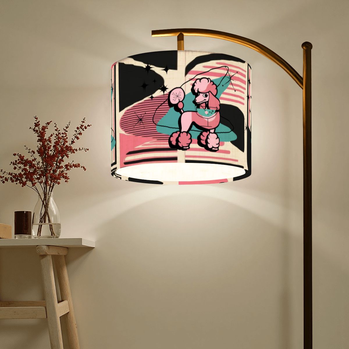 Atomic Pink Poodle,Mid Century Modern Boomerang, Pink Black  Lamp Shade with Ring - Mid Century Modern Gal