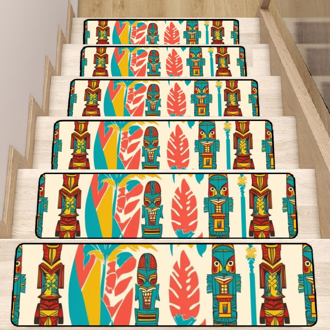 Mid Century Modern Tiki Idols, Coral, Teal Brown Mid Mod Retro Non Slip Carpet for Stairs Treads - Mid Century Modern Gal