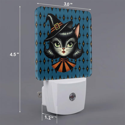 Vintage Halloween Black Cat Sexy Sexton Mid Century Modern Blue LED Night Light Set of 2 - Mid Century Modern Gal