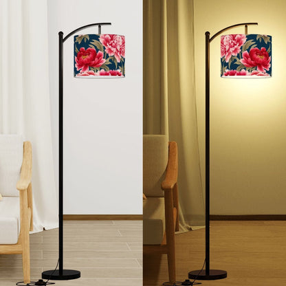 Chinoiserie Royal Blue Pink, Red Roses And Peony Floral Modern Lamp SHADE ONLY - For Arc Floor Lamps Only - Mid Century Modern Gal