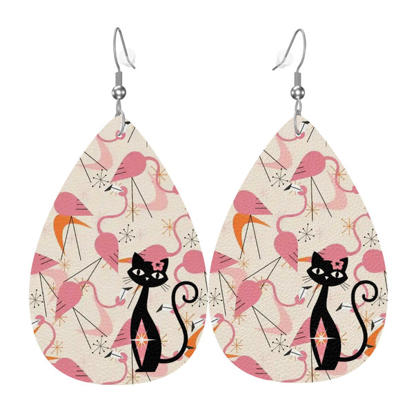 Kitschy Mod Dancing Flamingos Atomic Cat, Retro Summer Vibes Teardrop Earrings