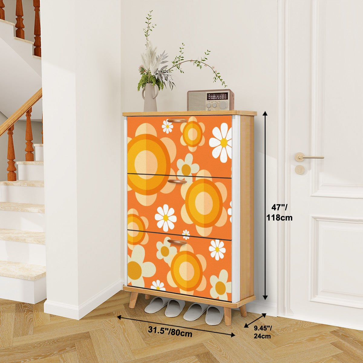 Flower Power Orange Groovy Mod Shoe Storage, Shoe Cabinet - Mid Century Modern Gal