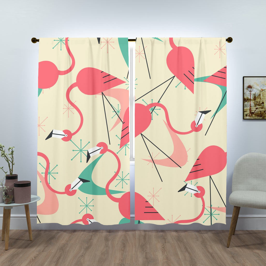 Mid Century Modern Flamingo Kitschy Fun Quirky Retro Window Curtains (two panels) - Mid Century Modern Gal