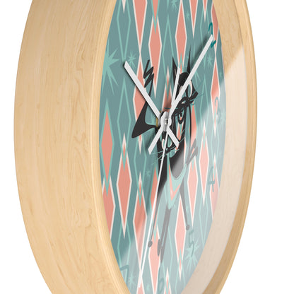 Retro Kitchen Wall Clock For Atomic Cat Black Cat Lovers, Mid Century Modern Designed, Teal, Pink Harlequin Diamond Designed MCM Clock