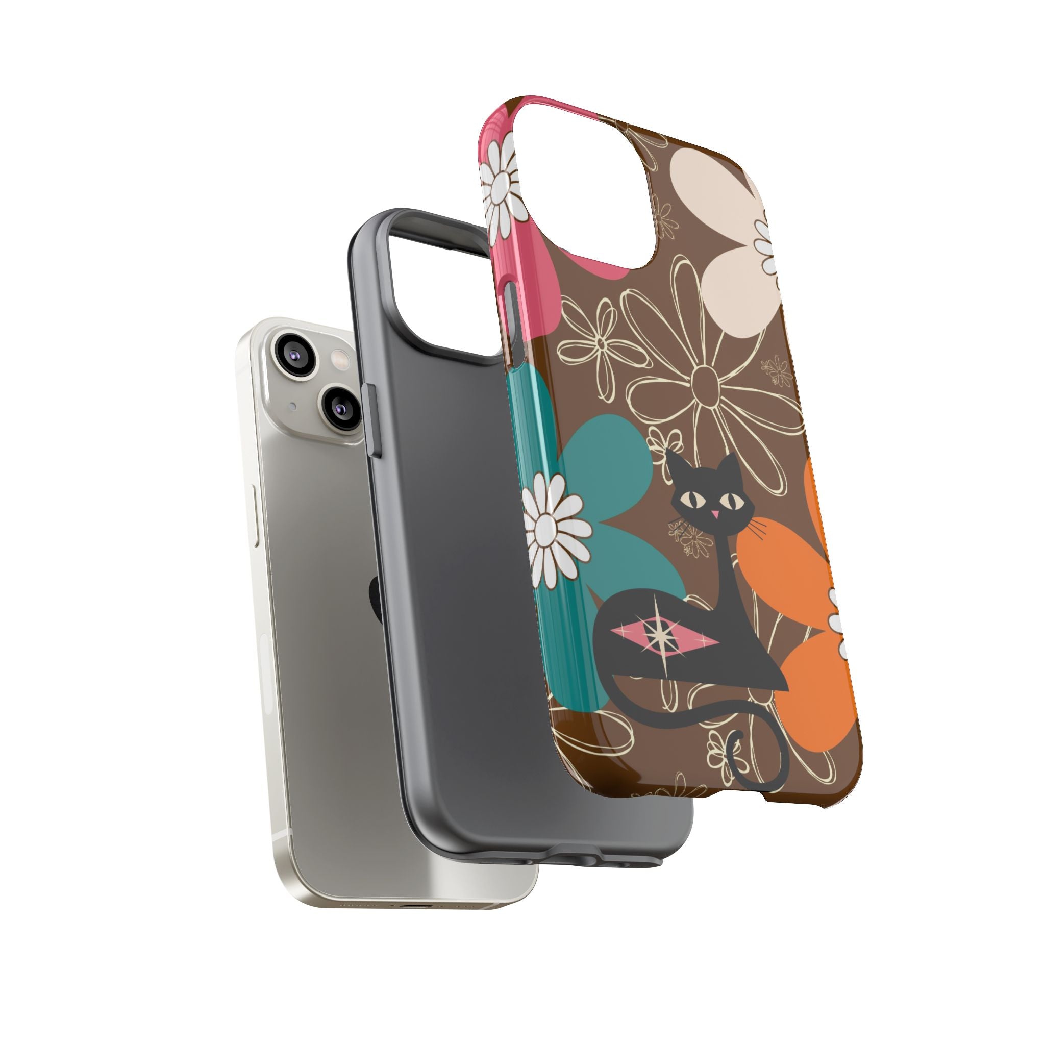 Atomic Cat Retro 70s Vibe Flower Power Tough Cases: Cute Floral and Cat Phone Case for Cat Lovers